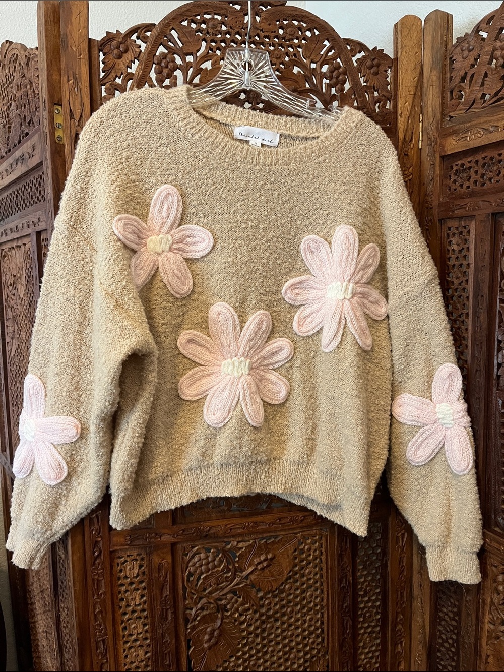 Neutral Beige Crewneck Sweater with Pink Floral Appliqués